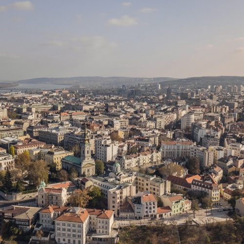 Cityscape of Belgrade at sunny day. Aerial view